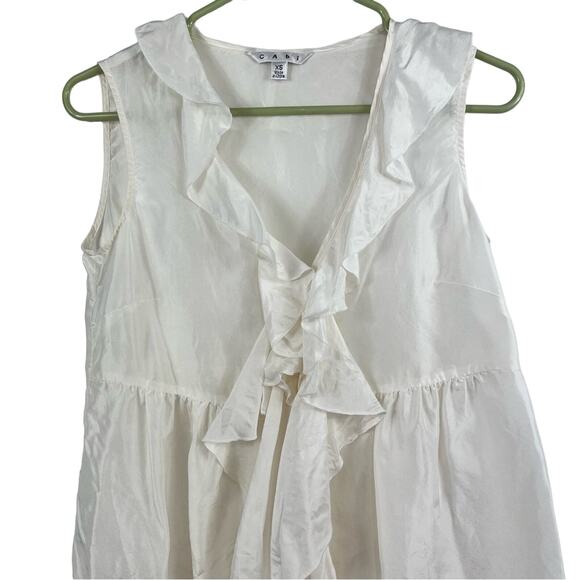 Cabi White 100% Silk Ruffle V Neck Placket Button Up Blouse Summer Feminine - Picture 3 of 11